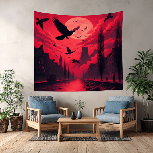 Red Sunset with Crows Lightweight Wall Tapestry (Fabric Wall Hanging - USA) - Gregg Acini Adoree Designs - Wall Coverings