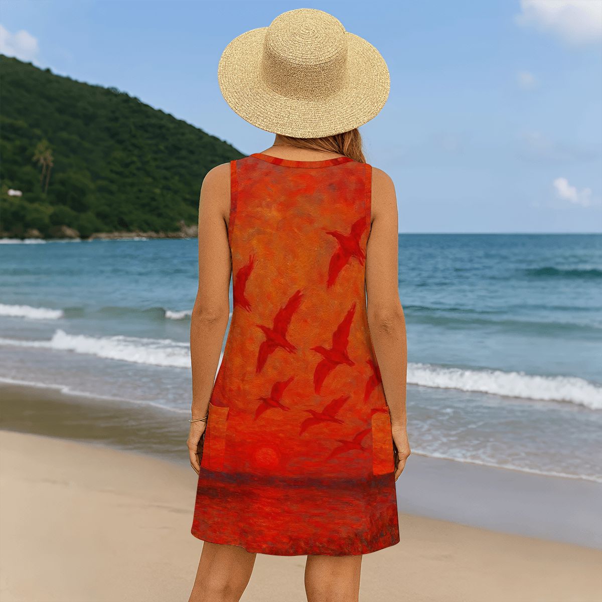Scarlet Sunset with Birds 1 Women's Sleeveless Dress with Pockets - Gregg Acini Adoree Designs - Women's Skirts & Dresses