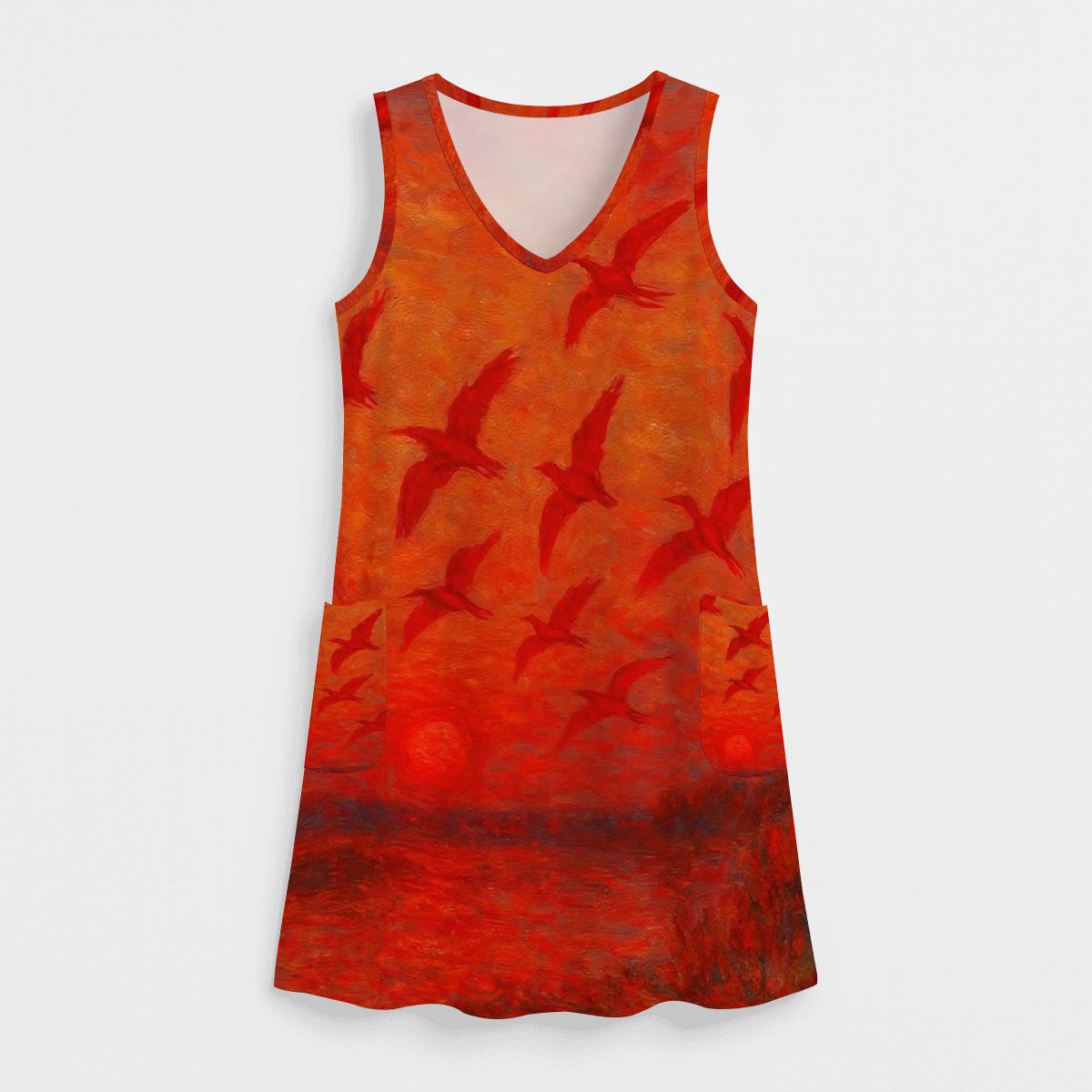 Scarlet Sunset with Birds 1 Women's Sleeveless Dress with Pockets - Gregg Acini Adoree Designs - Women's Skirts & Dresses