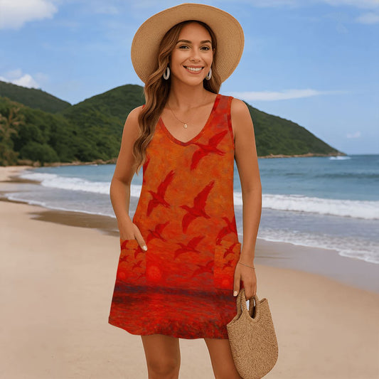 Scarlet Sunset with Birds 1 Women's Sleeveless Dress with Pockets - Gregg Acini Adoree Designs - Women's Skirts & Dresses