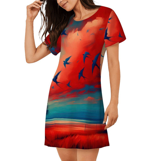 Scarlet Sunset with Birds 3 Women's Loose Short - Sleeve Nightgown - Gregg Acini Adoree Designs - Women's Pajamas