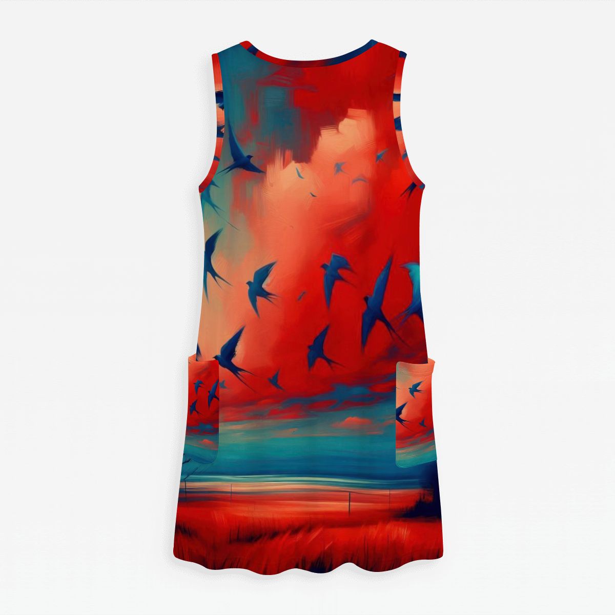 Scarlet Sunset with Birds 3 Women's Sleeveless Dress with Pockets - Gregg Acini Adoree Designs - Women's Skirts & Dresses