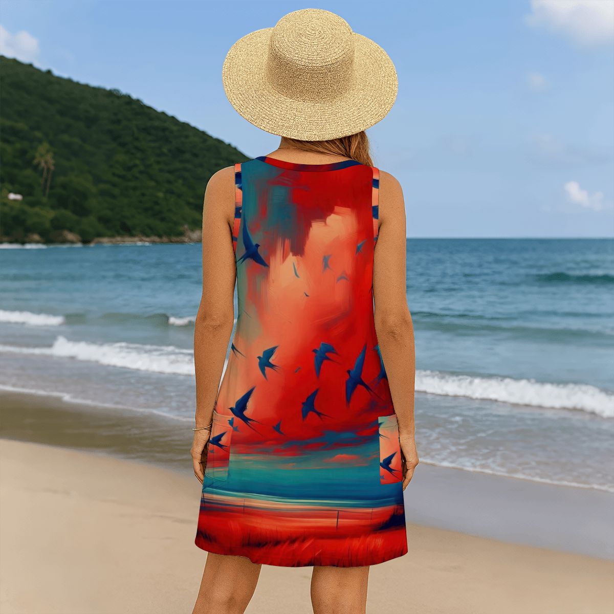 Scarlet Sunset with Birds 3 Women's Sleeveless Dress with Pockets - Gregg Acini Adoree Designs - Women's Skirts & Dresses