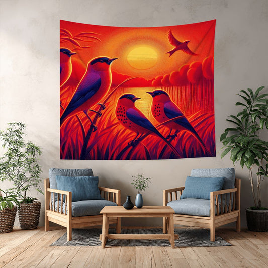 Scarlet Sunset with Birds 4 Lightweight Wall Tapestry (Fabric Wall Hanging - USA) - Gregg Acini Adoree Designs - Wall Coverings