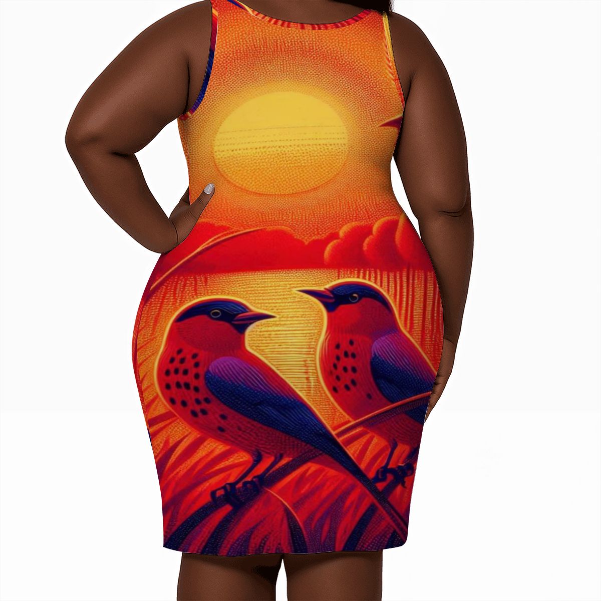 Scarlet Sunset with Birds 4 Women's Plus Size Sleeveless Dress - Gregg Acini Adoree Designs - Women's Skirts & Dresses