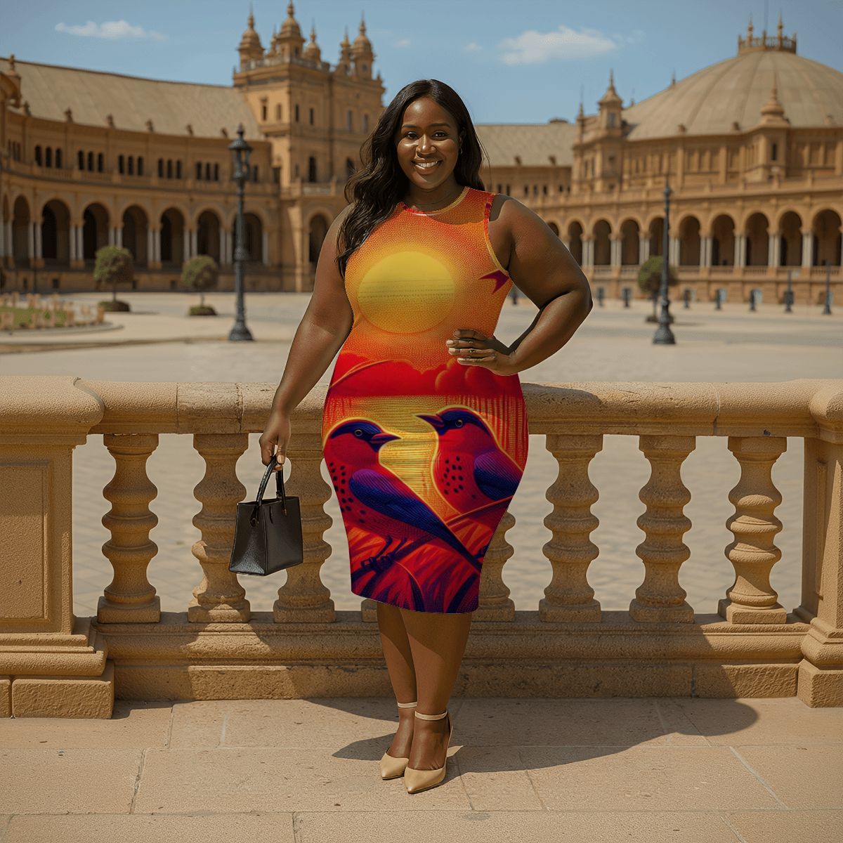 Scarlet Sunset with Birds 4 Women's Plus Size Sleeveless Dress - Gregg Acini Adoree Designs - Women's Skirts & Dresses