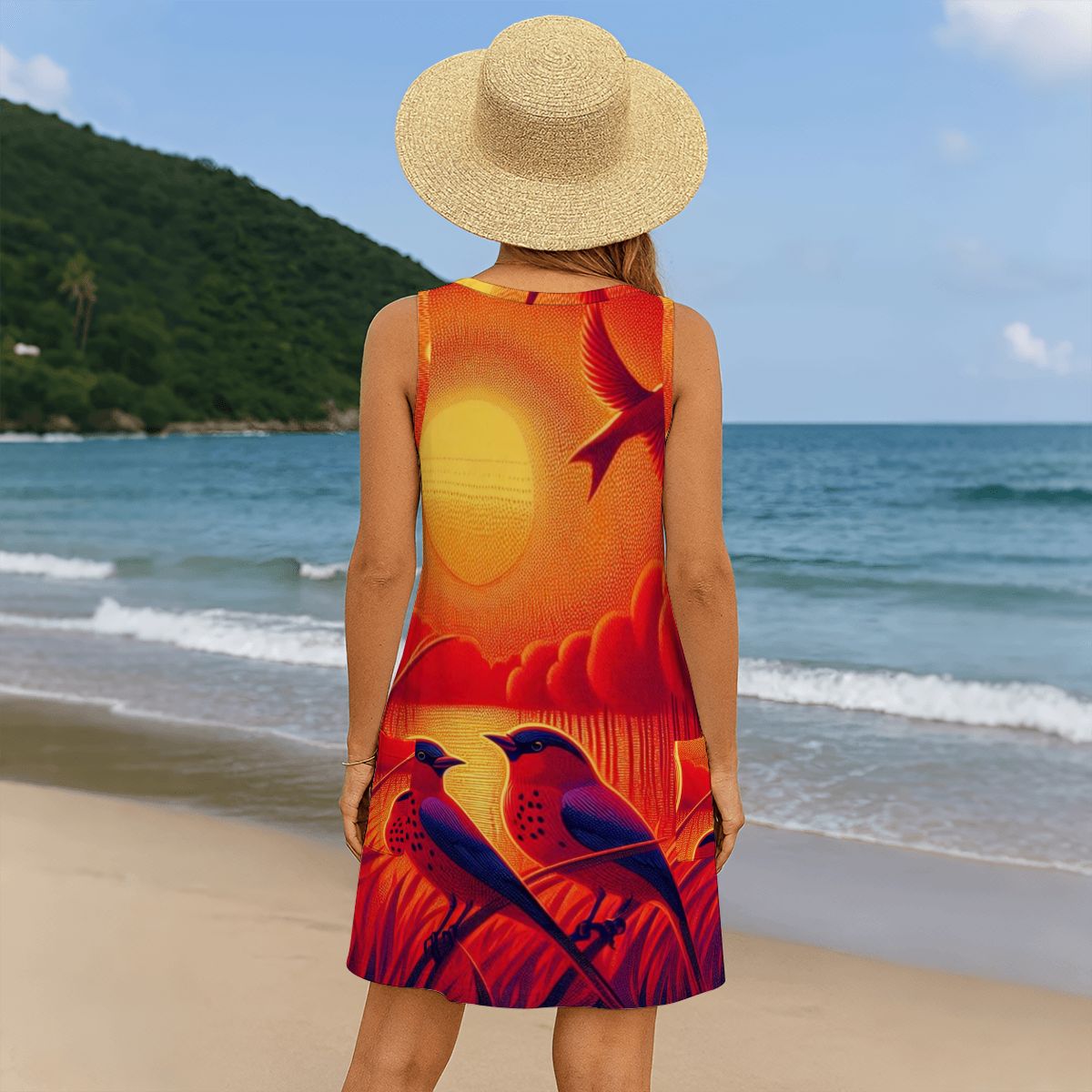 Scarlet Sunset with Birds 4 Women's Sleeveless Dress with Pockets - Gregg Acini Adoree Designs - Women's Skirts & Dresses