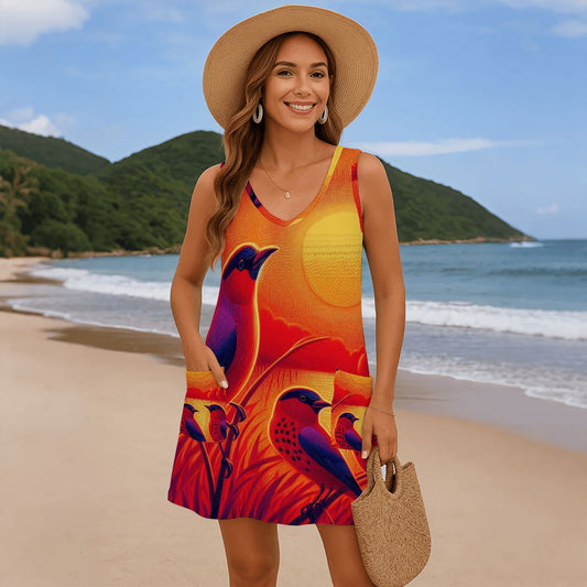 Scarlet Sunset with Birds 4 Women's Sleeveless Dress with Pockets - Gregg Acini Adoree Designs - Women's Skirts & Dresses