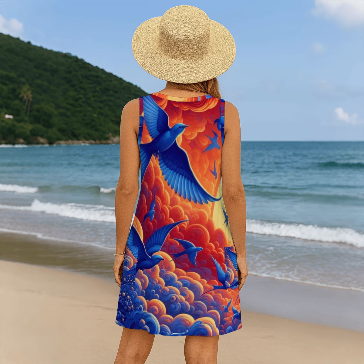 Scarlet Sunset with Birds 5 Women's Sleeveless Dress with Pockets - Gregg Acini Adoree Designs - Women's Skirts & Dresses
