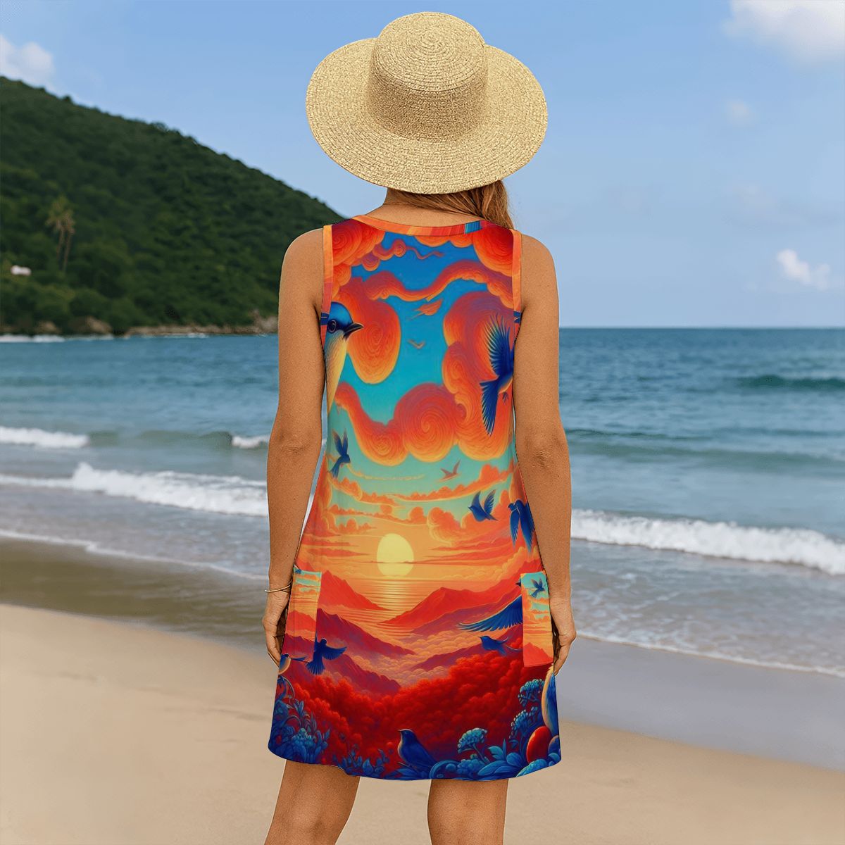 Scarlet Sunset with Birds 6 Women's Sleeveless Dress with Pockets - Gregg Acini Adoree Designs - Women's Skirts & Dresses