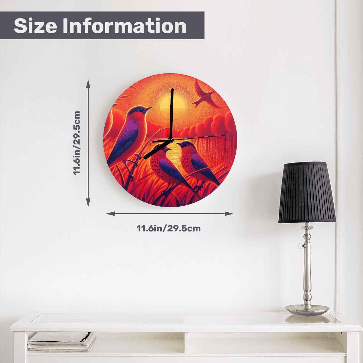 Scarlet Sunset with Birds4 MDF Wall Clock (Made in USA) - Gregg Acini Adoree Designs - Wall Clock