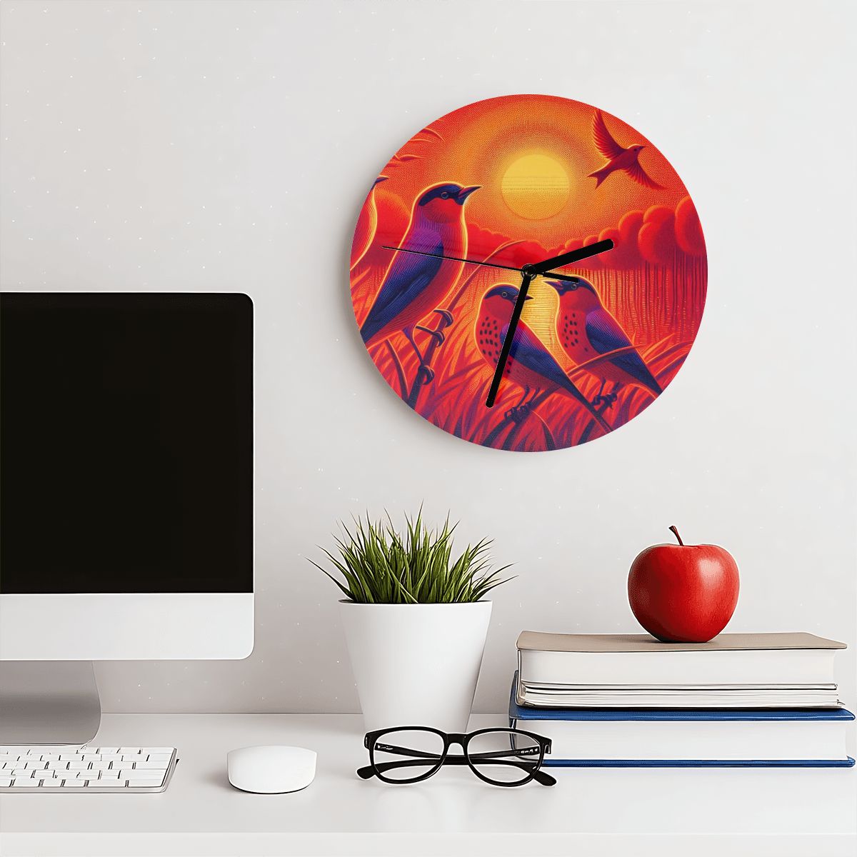 Scarlet Sunset with Birds4 MDF Wall Clock (Made in USA) - Gregg Acini Adoree Designs - Wall Clock
