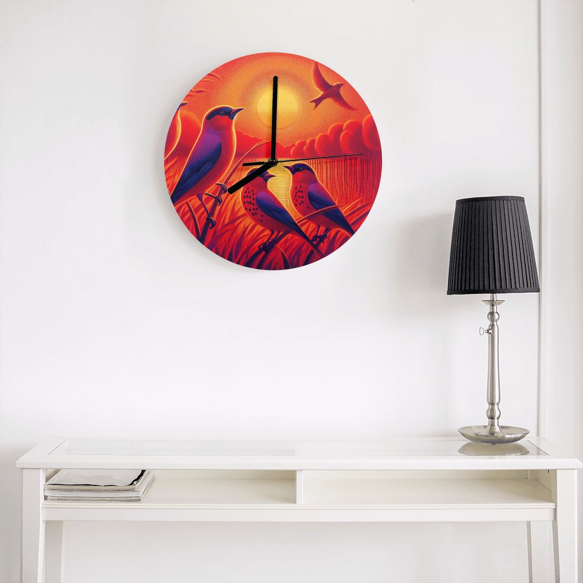 Scarlet Sunset with Birds4 MDF Wall Clock (Made in USA) - Gregg Acini Adoree Designs - Wall Clock