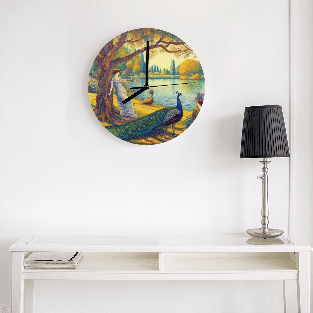 Serene Leaning Lady with Peacock MDF Wall Clock (Made in USA) - Gregg Acini Adoree Designs - Wall Clock