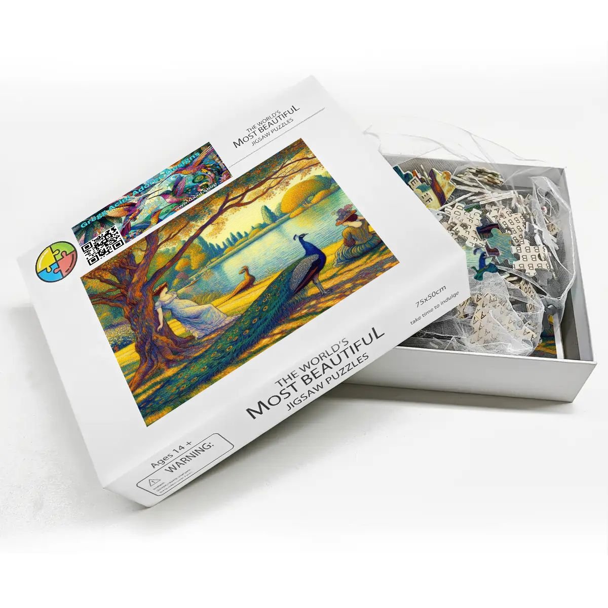 Serene Leaning Lady with Peacock Wooden Jigsaw Puzzles 1000 pcs - Gregg Acini Adoree Designs - Jigsaw Puzzle