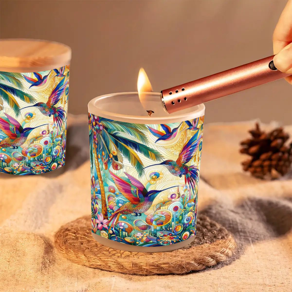 Tropical Hummingbirds Frosted Jar Scented Candle with Lid (6oz) - Gregg Acini Adoree Designs - Candles