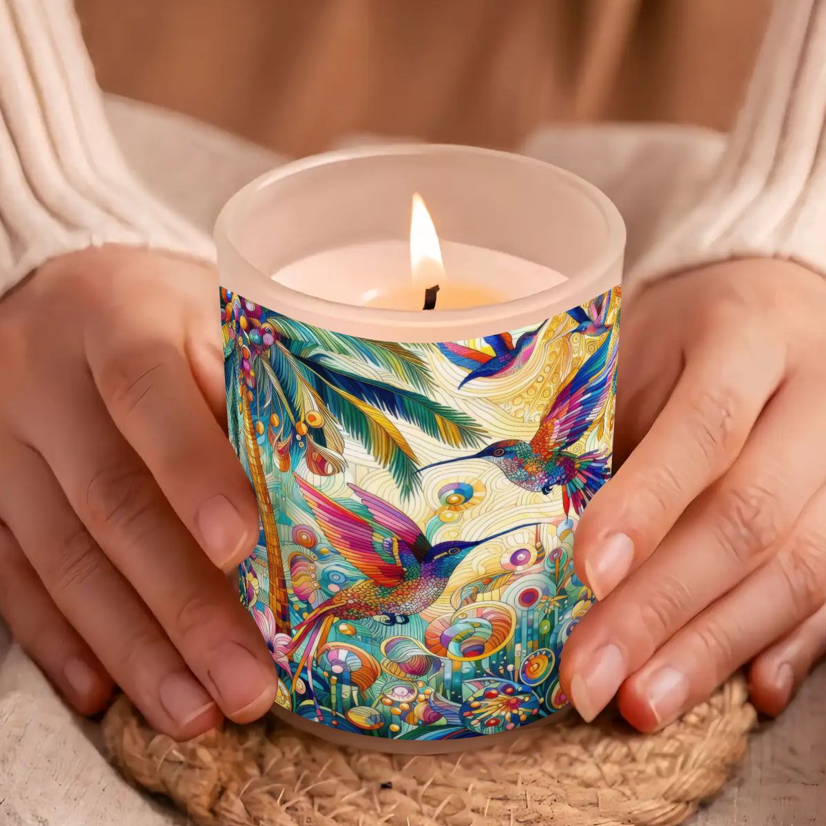 Tropical Hummingbirds Frosted Jar Scented Candle with Lid (6oz) - Gregg Acini Adoree Designs - Candles