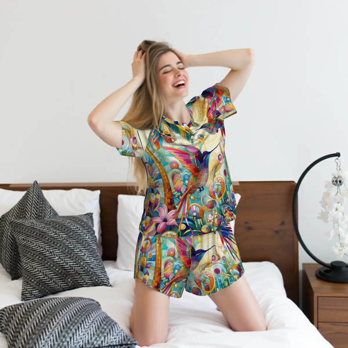Tropical Hummingbirds Pajama Set for Women Crew Neck Short Sleeve - Gregg Acini Adoree Designs - Women's Pajamas