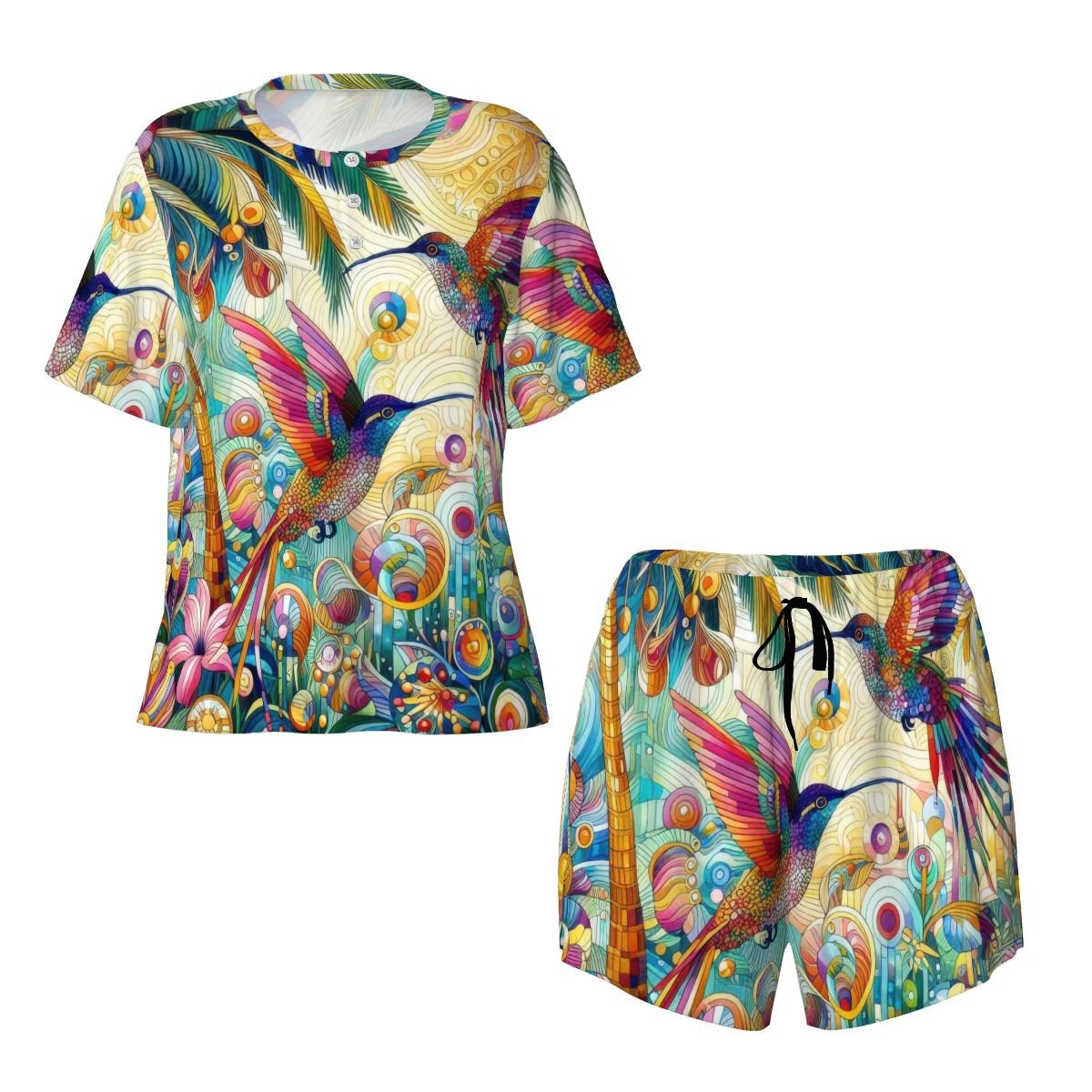 Tropical Hummingbirds Pajama Set for Women Crew Neck Short Sleeve - Gregg Acini Adoree Designs - Women's Pajamas