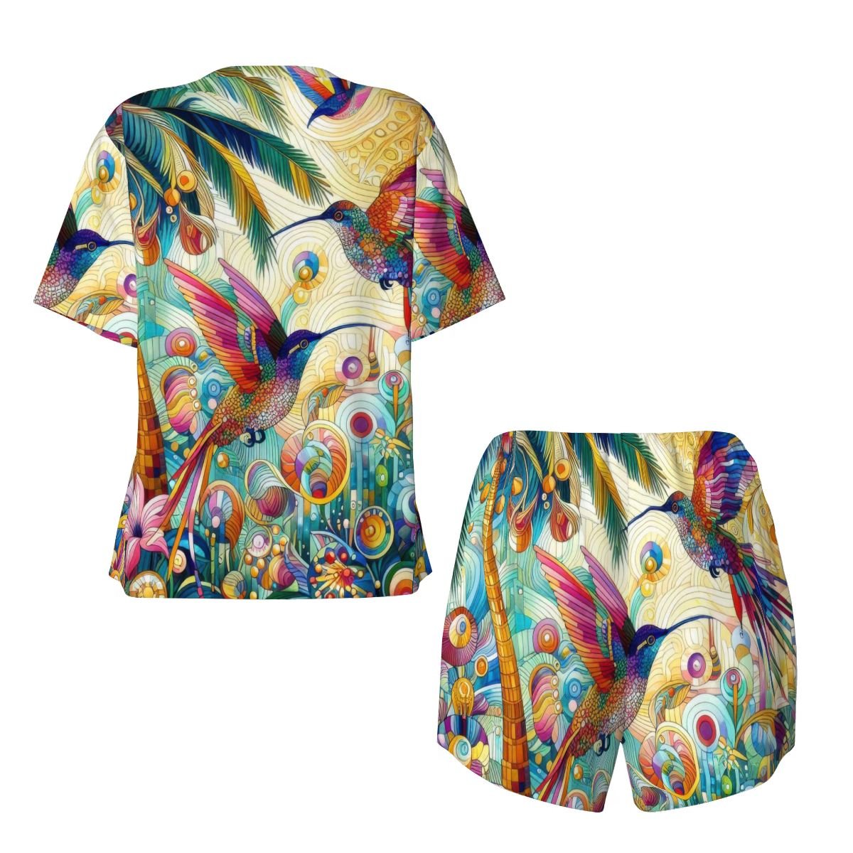 Tropical Hummingbirds Pajama Set for Women Crew Neck Short Sleeve - Gregg Acini Adoree Designs - Women's Pajamas
