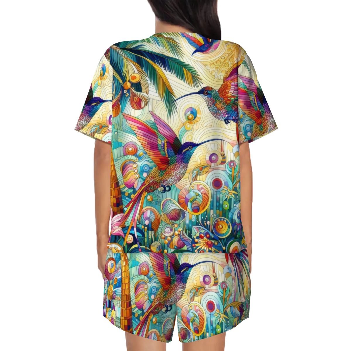 Tropical Hummingbirds Pajama Set for Women Crew Neck Short Sleeve - Gregg Acini Adoree Designs - Women's Pajamas