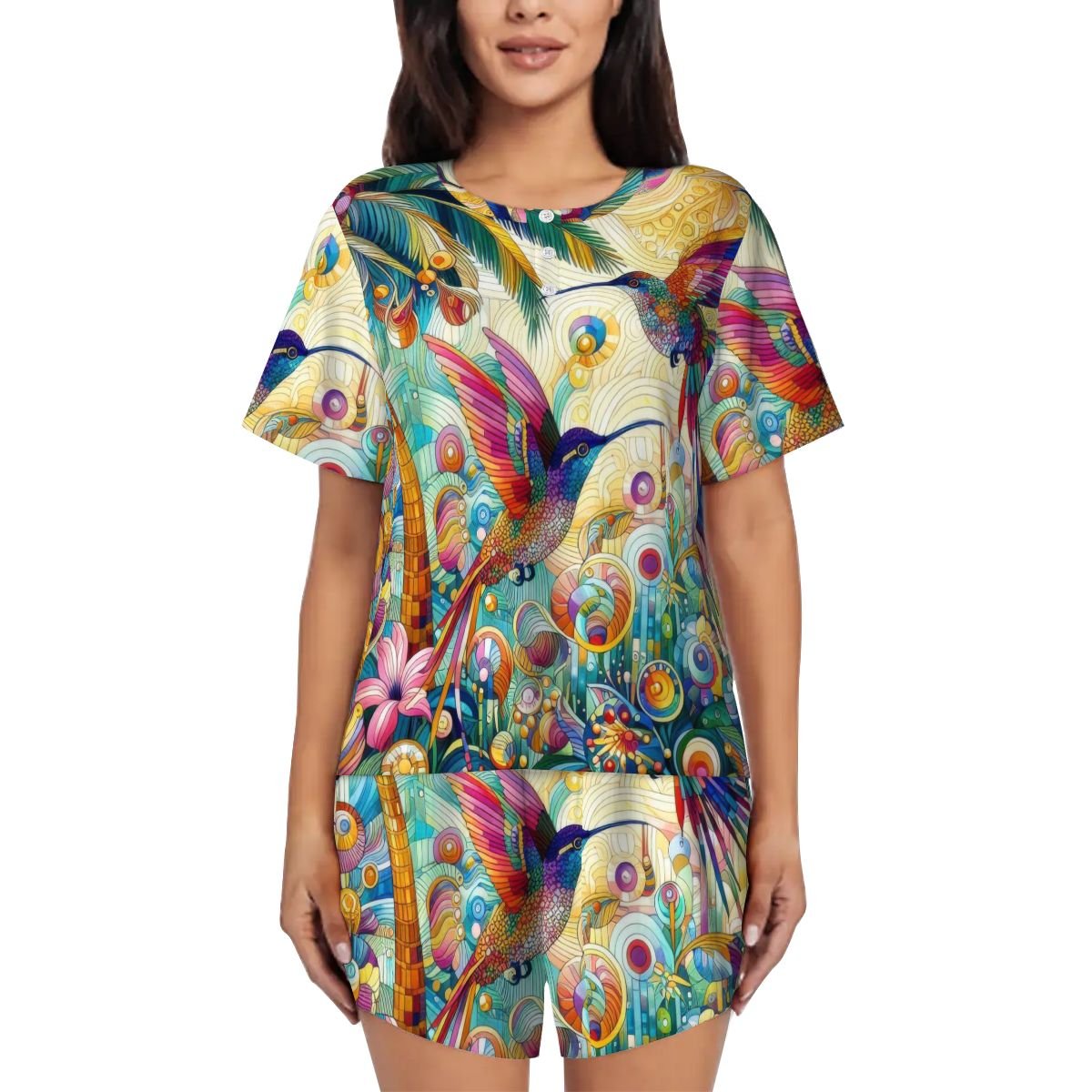 Tropical Hummingbirds Pajama Set for Women Crew Neck Short Sleeve - Gregg Acini Adoree Designs - Women's Pajamas