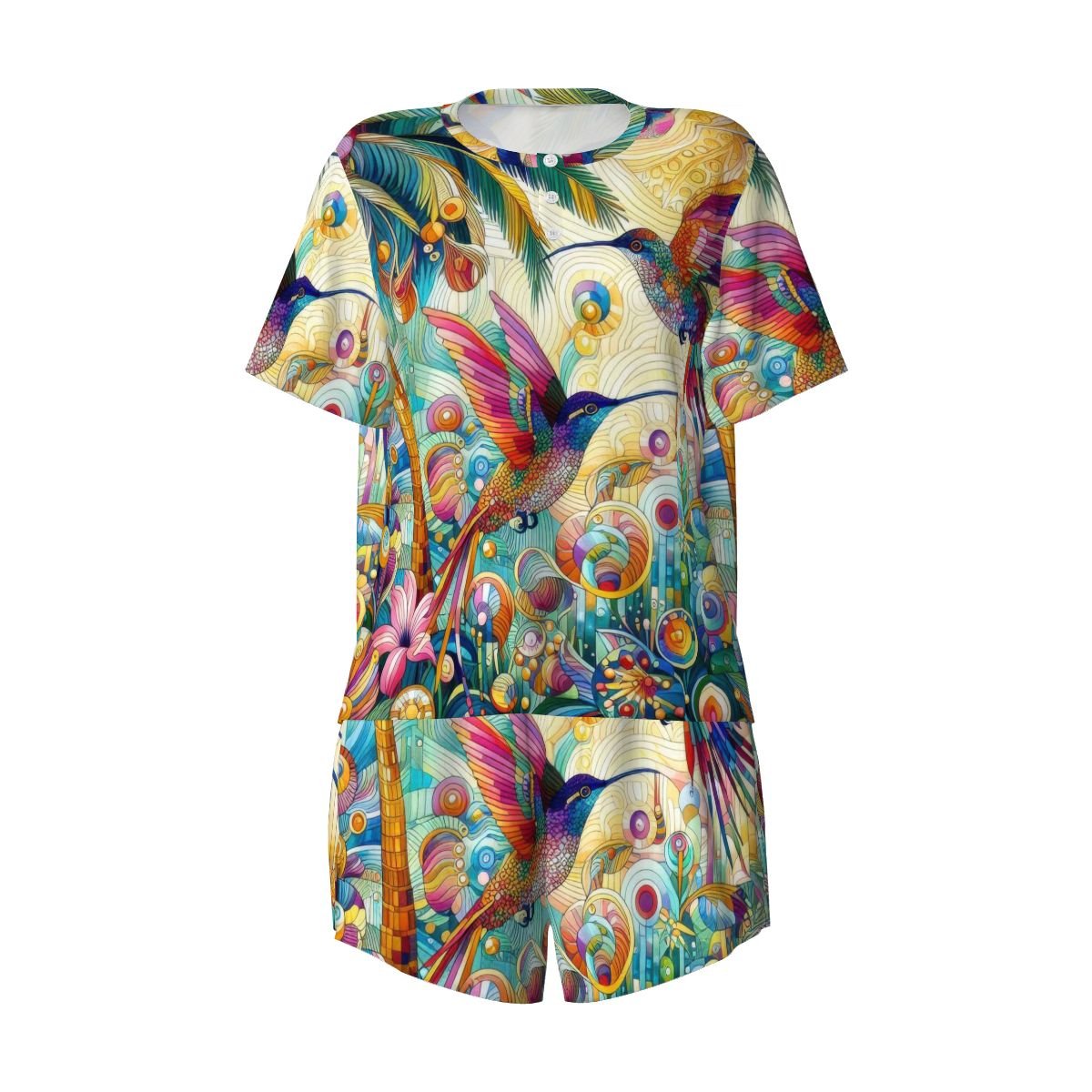 Tropical Hummingbirds Pajama Set for Women Crew Neck Short Sleeve - Gregg Acini Adoree Designs - Women's Pajamas