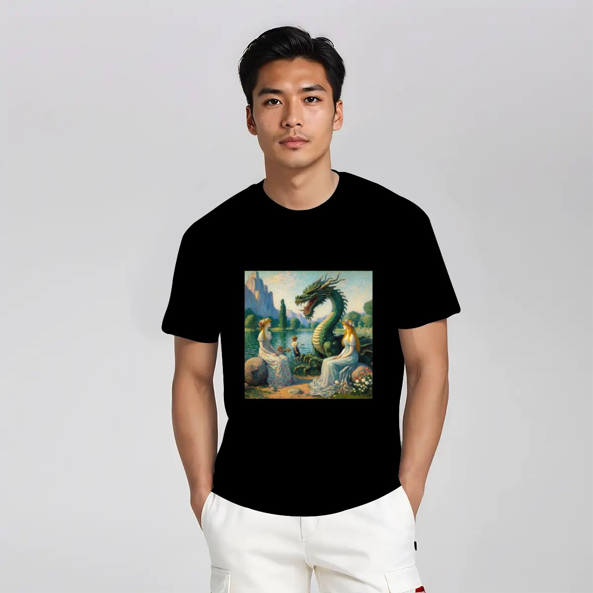 Two Ladies with a Dragon and Kids - Gildan 5000 Unisex Cotton Tee - Gregg Acini Adoree Designs - T-Shirt
