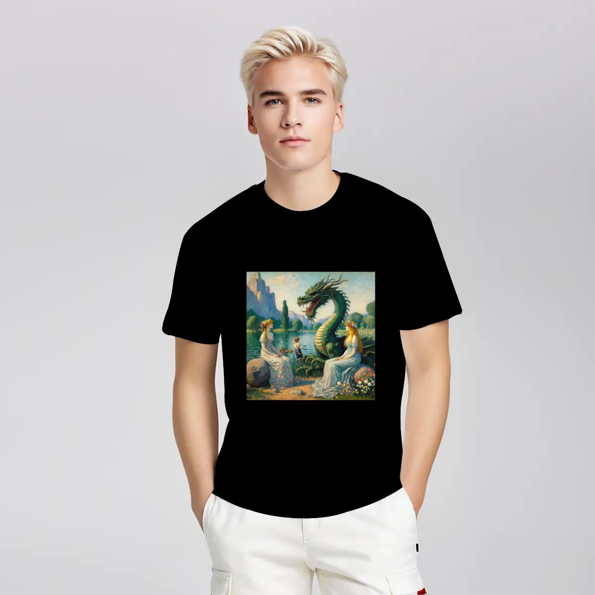 Two Ladies with a Dragon and Kids - Gildan 5000 Unisex Cotton Tee - Gregg Acini Adoree Designs - T-Shirt