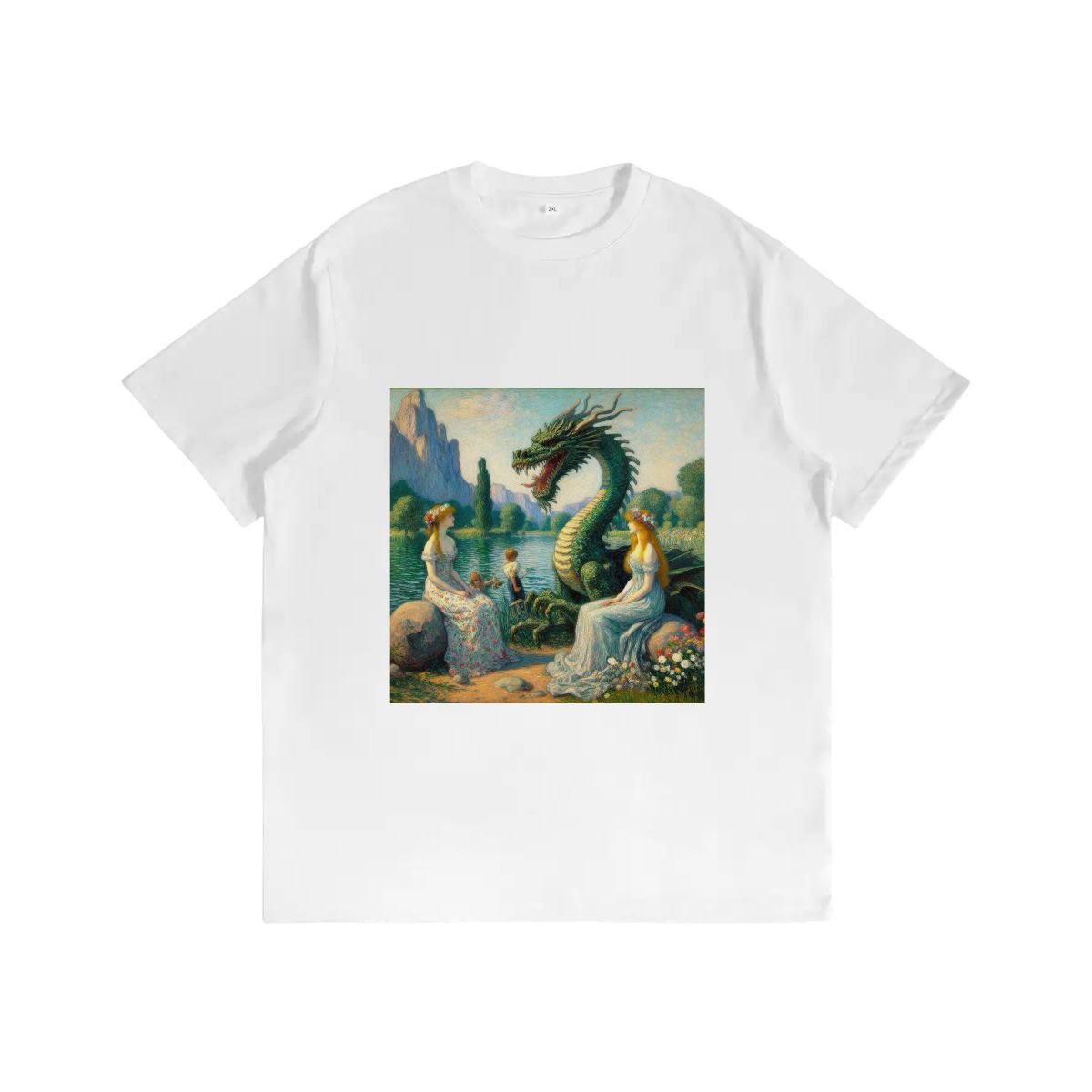 Two Ladies with a Dragon and Kids - Gildan 5000 Unisex Cotton Tee - Gregg Acini Adoree Designs - T-Shirt