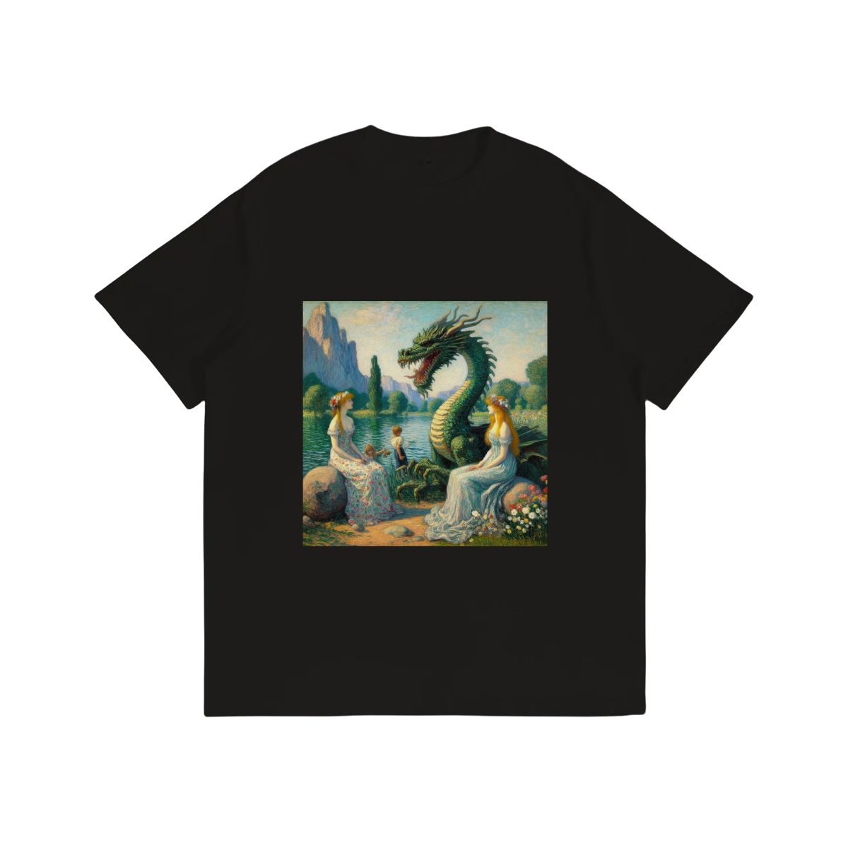 Two Ladies with a Dragon and Kids - Gildan 5000 Unisex Cotton Tee - Gregg Acini Adoree Designs - T-Shirt