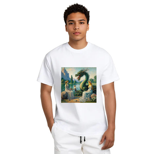 Two Ladies with a Dragon and Kids - Gildan 5000 Unisex Cotton Tee - Gregg Acini Adoree Designs - T-Shirt