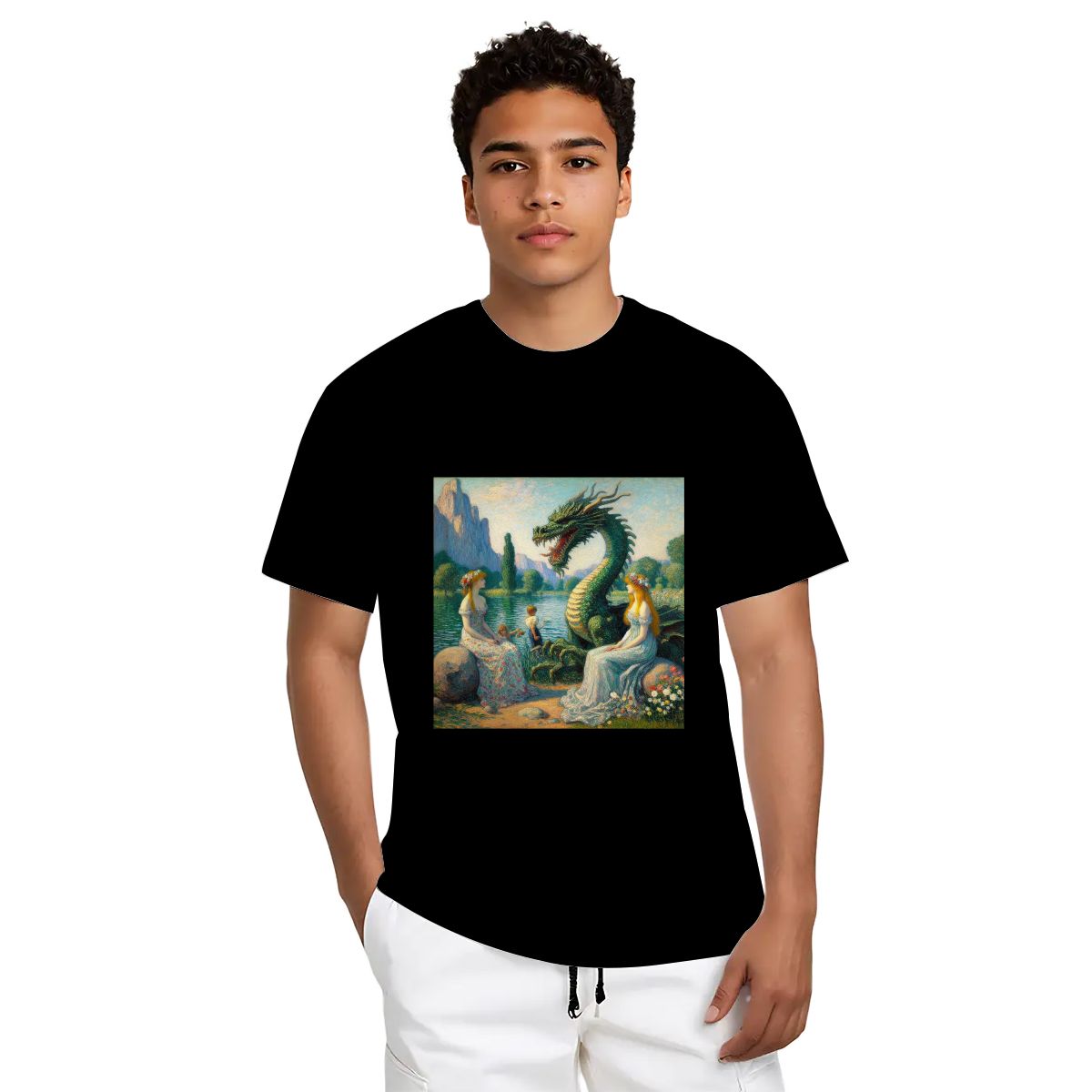 Two Ladies with a Dragon and Kids - Gildan 5000 Unisex Cotton Tee - Gregg Acini Adoree Designs - T-Shirt