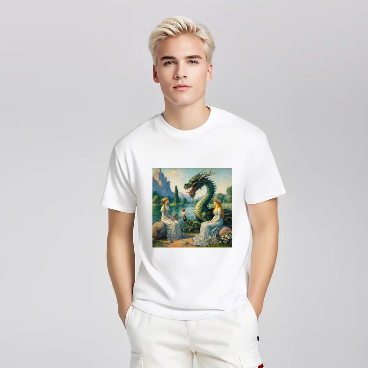 Two Ladies with a Dragon and Kids - Gildan 5000 Unisex Cotton Tee - Gregg Acini Adoree Designs - T-Shirt