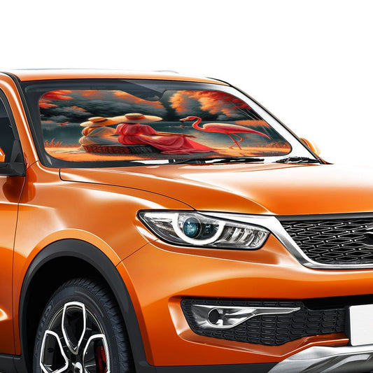 Two Ladies with a Flamingo Car Windshield Sun Shade (Stiff Version) - Gregg Acini Adoree Designs - Sun Shade