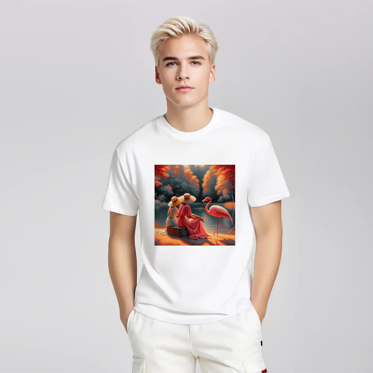 Two Ladies with a Flamingo - Gildan 5000 Unisex Cotton Tee - Gregg Acini Adoree Designs - T-Shirt
