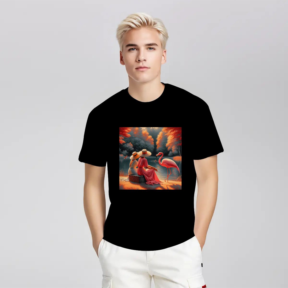 Two Ladies with a Flamingo - Gildan 5000 Unisex Cotton Tee - Gregg Acini Adoree Designs - T-Shirt