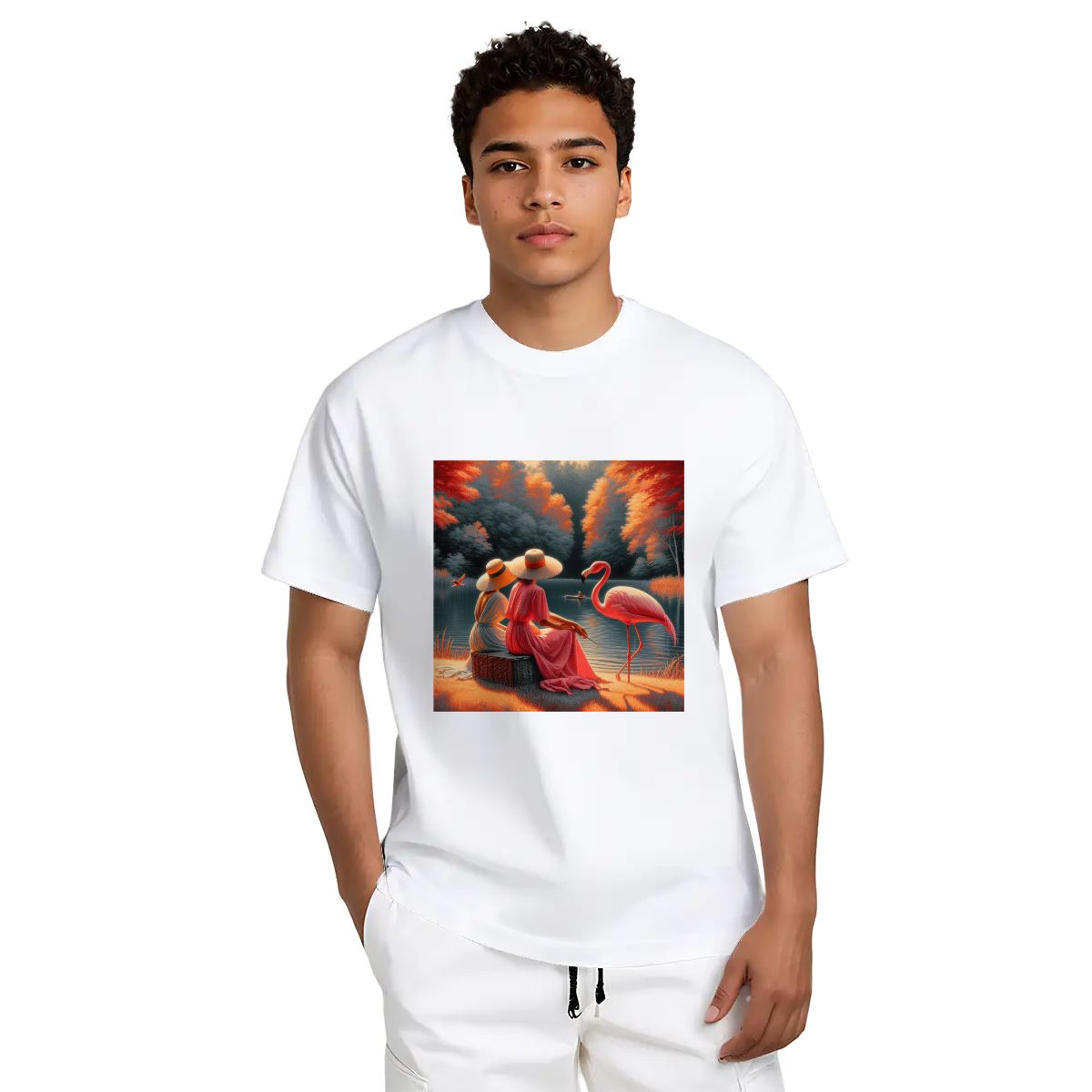 Two Ladies with a Flamingo - Gildan 5000 Unisex Cotton Tee - Gregg Acini Adoree Designs - T-Shirt