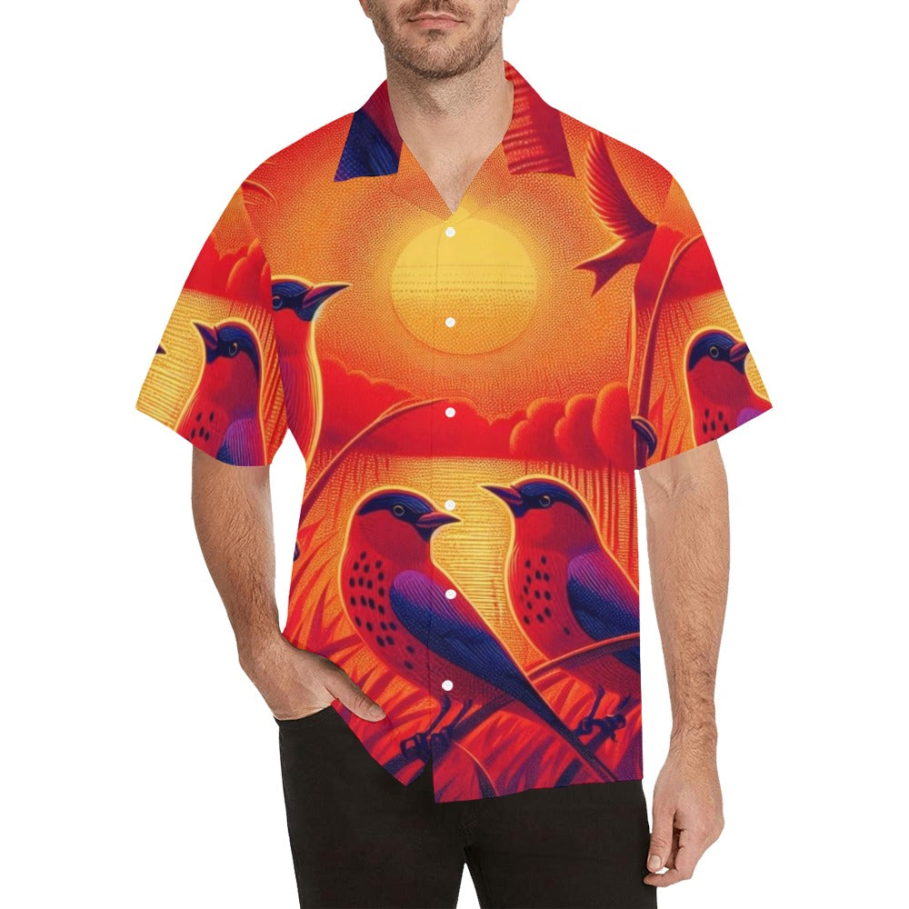 Scarlet Sunset with Birds Hawaiian Shirt without pocket