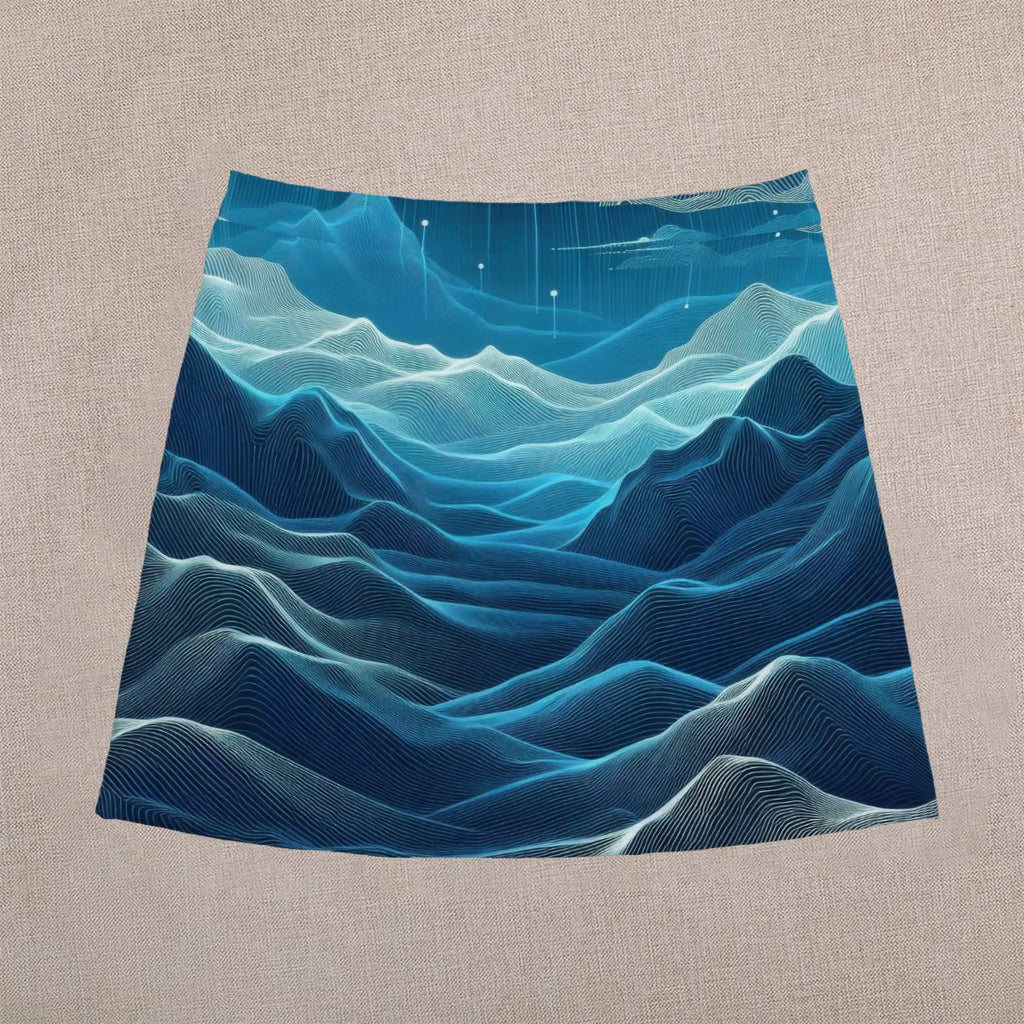 Deep Teal Waves Mini Skirt | Line Abstract Wearable Art
