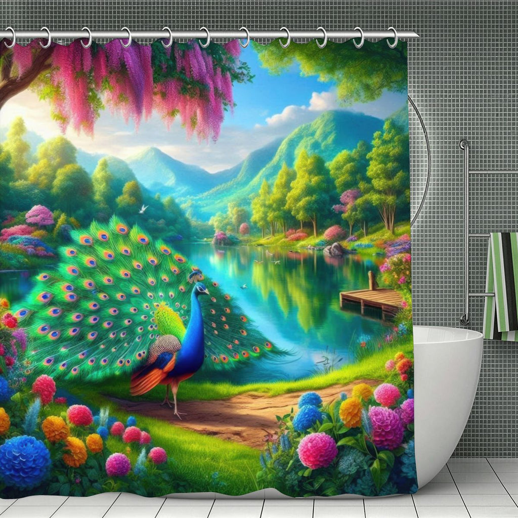 Peacock Under Wisteria Shower Curtain | Fantasy Garden Art