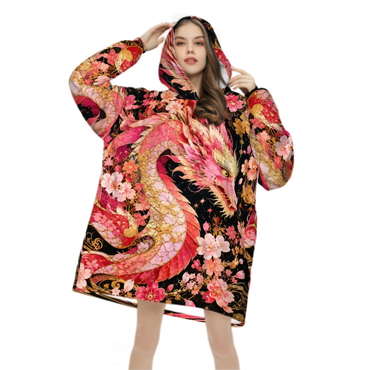 Pink and Gold Sakura Dragon Blanket Hoodie