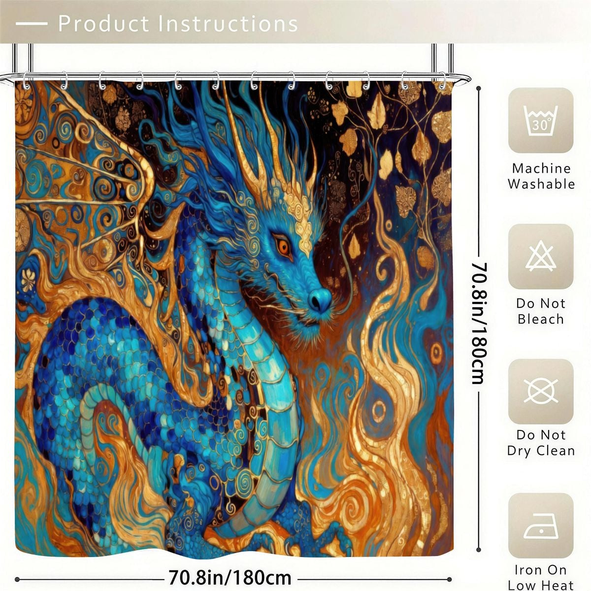 Cobalt Dragon Shower Curtain | Klimt-Inspired Flame & Mosaic Art