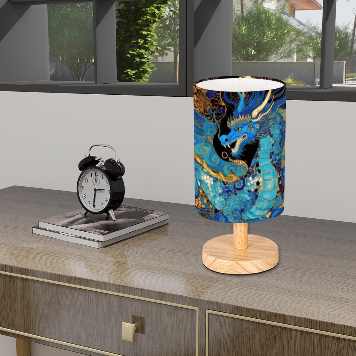 Teal Dragon Cylindrical Table Lamp