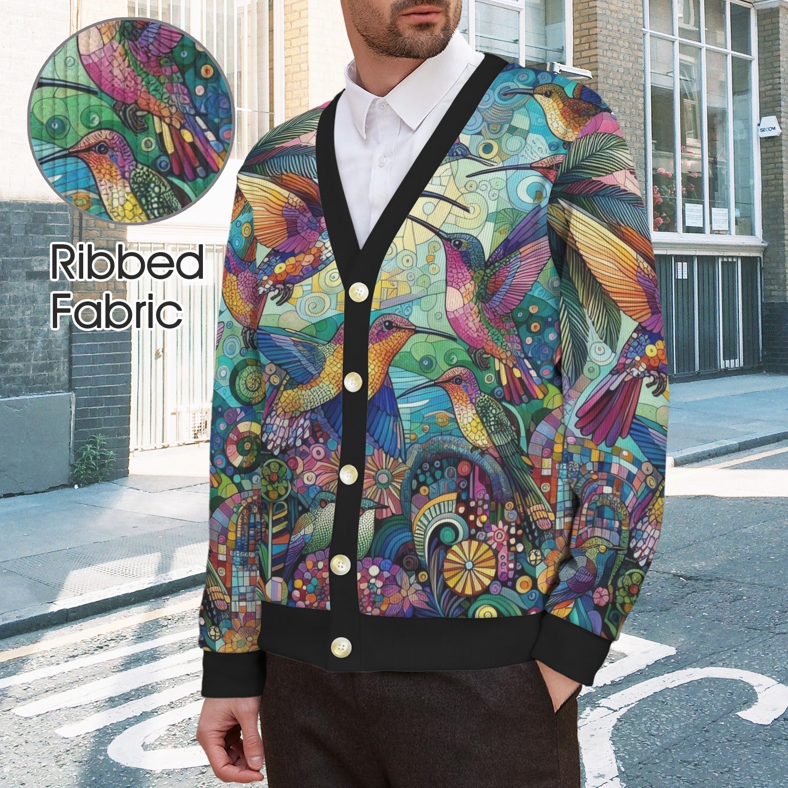 Hummingbird Kaleidoscope Men's Ribbed Cardigan