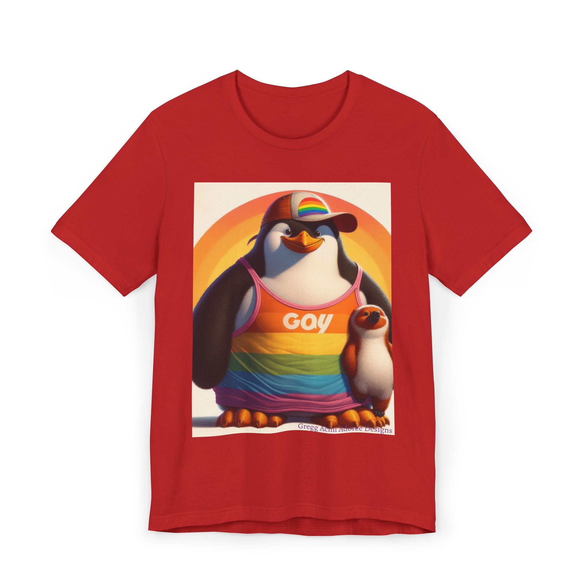 Proud Giant Penguin Unisex Jersey T-Shirt - Colorful Rainbow Graphic Tee