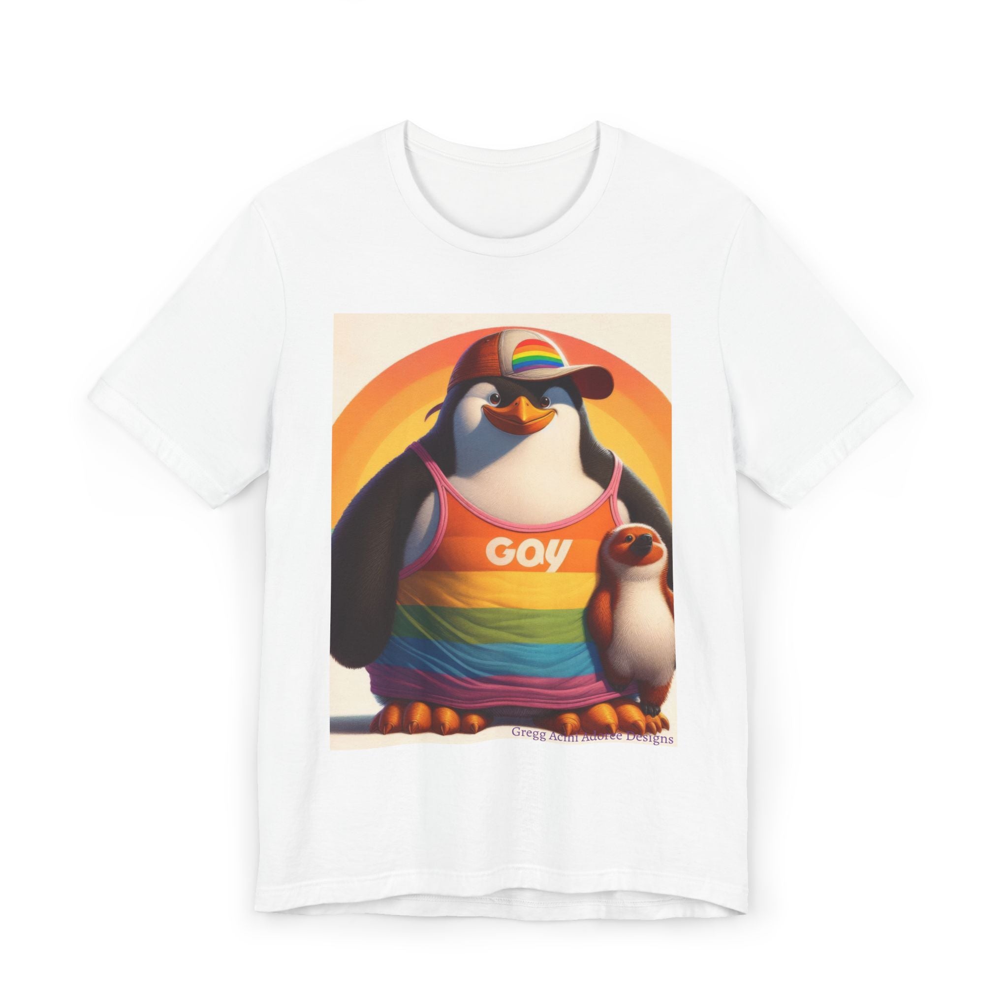 Proud Giant Penguin Unisex Jersey T-Shirt - Colorful Rainbow Graphic Tee