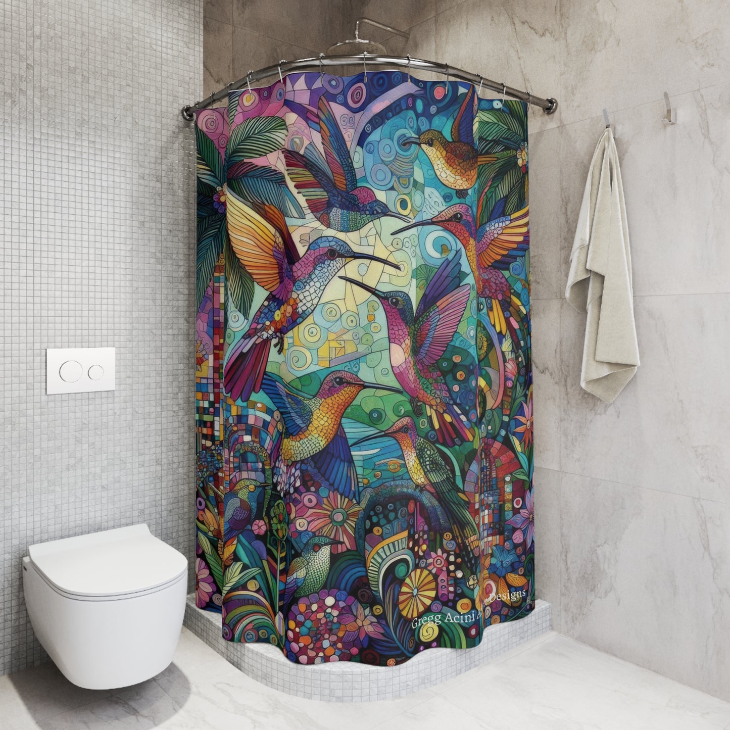 Hummingbird Kaleidoscope Shower Curtain - Bold and Colorful Tropical Decor