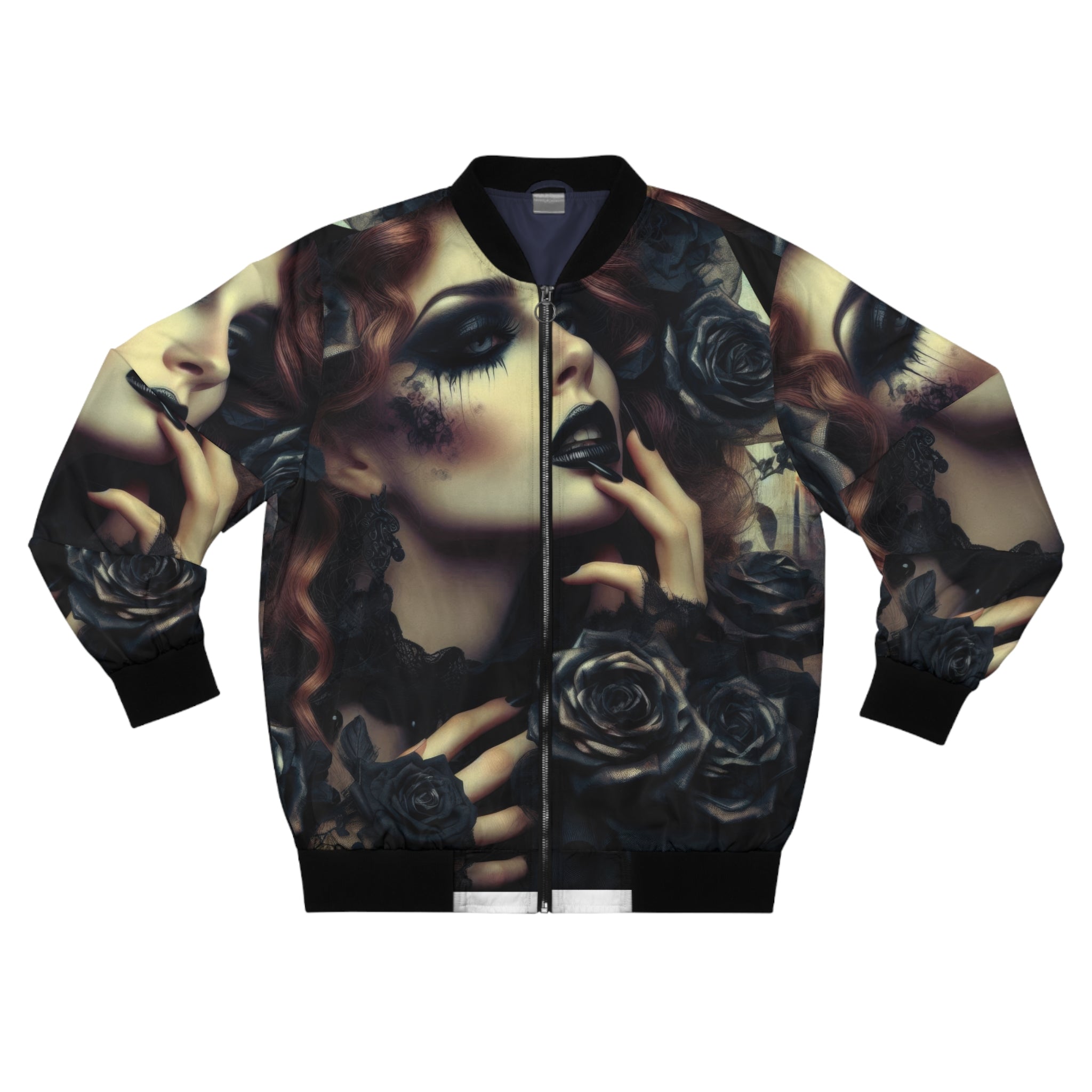Black Roses Bomber Jacket — Dark Glam Portrait AOP