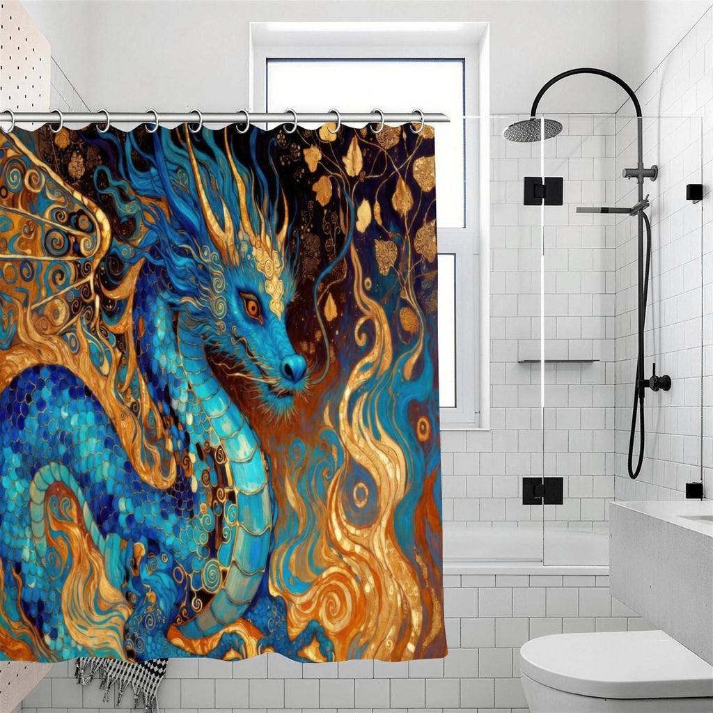 Cobalt Dragon Shower Curtain | Klimt-Inspired Flame & Mosaic Art